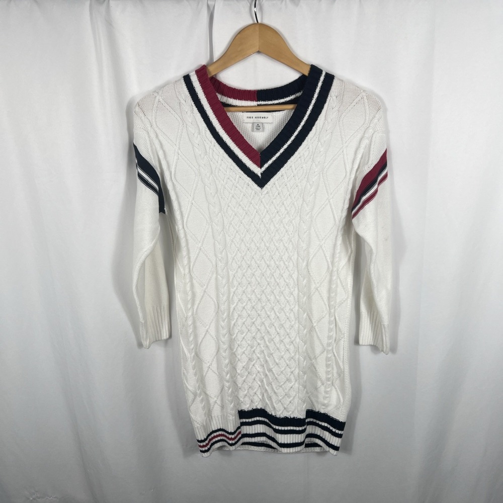 White Cable Knit V-Neck Long Sleeve Dress with Stripe Trim